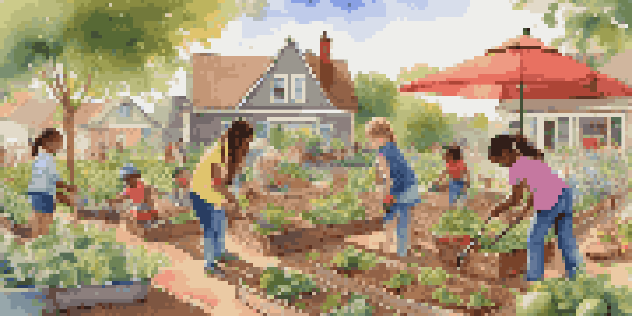 Children working together in a community garden, planting vegetables and fruits in bright sunlight.