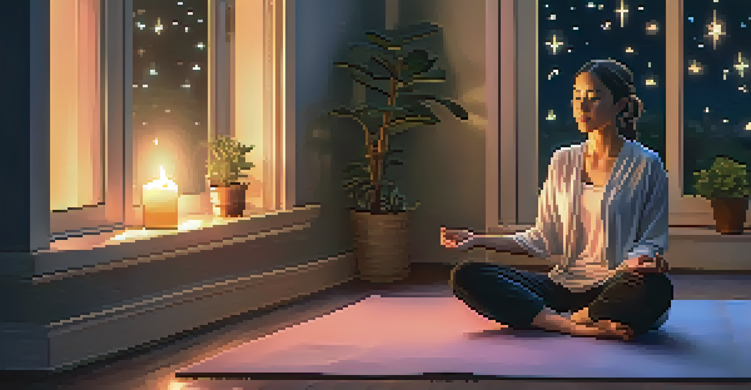 A person meditating on a yoga mat in a dimly lit room with candles and a view of a starry night sky.