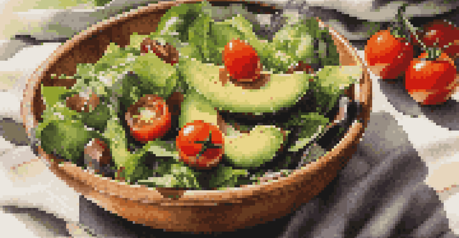 A close-up of a fresh salad in a wooden bowl with leafy greens, cherry tomatoes, and avocado, illuminated by soft sunlight.