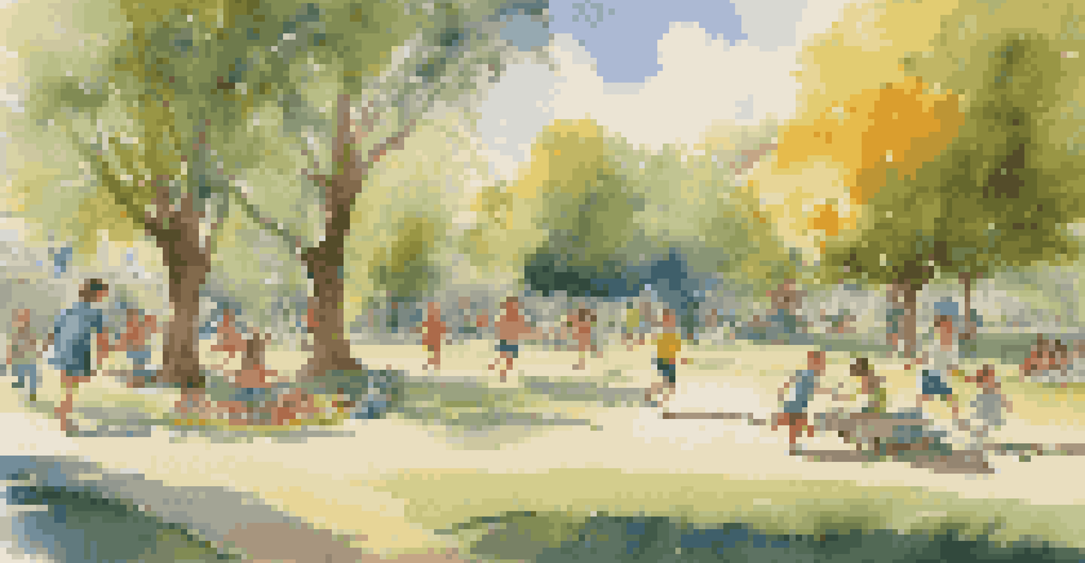 Children playing and laughing in a sunny park, enjoying a picnic with a dog, surrounded by green trees and a bright blue sky.