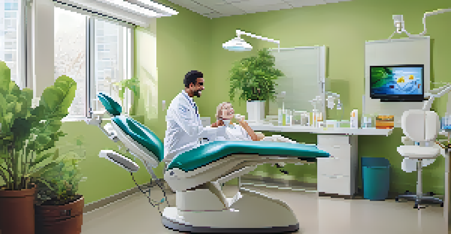A dentist and a patient smiling in a bright dental clinic filled with plants and modern equipment.