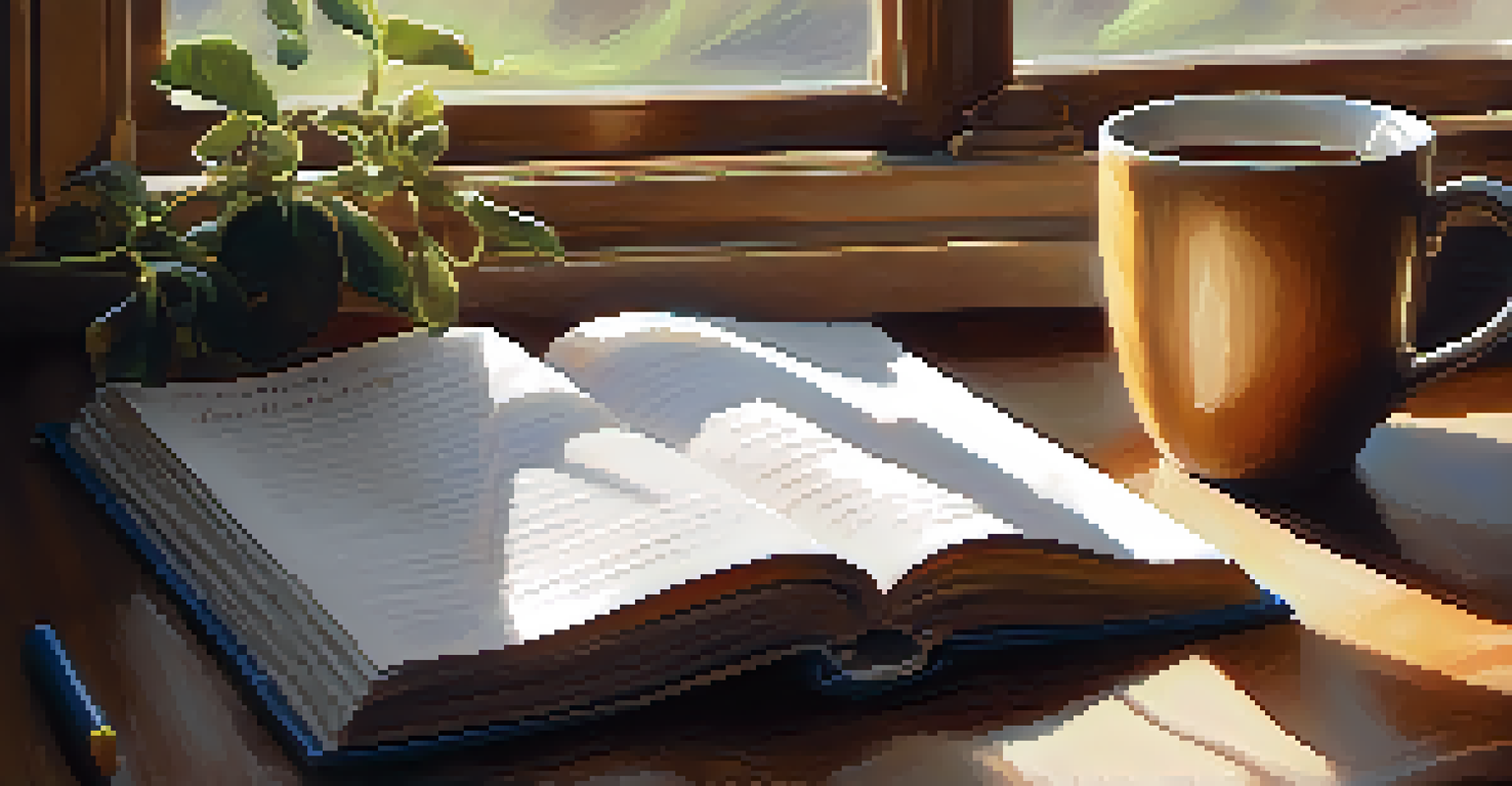 A hand writing in a gratitude journal next to a cup of tea, with warm natural light illuminating the scene.