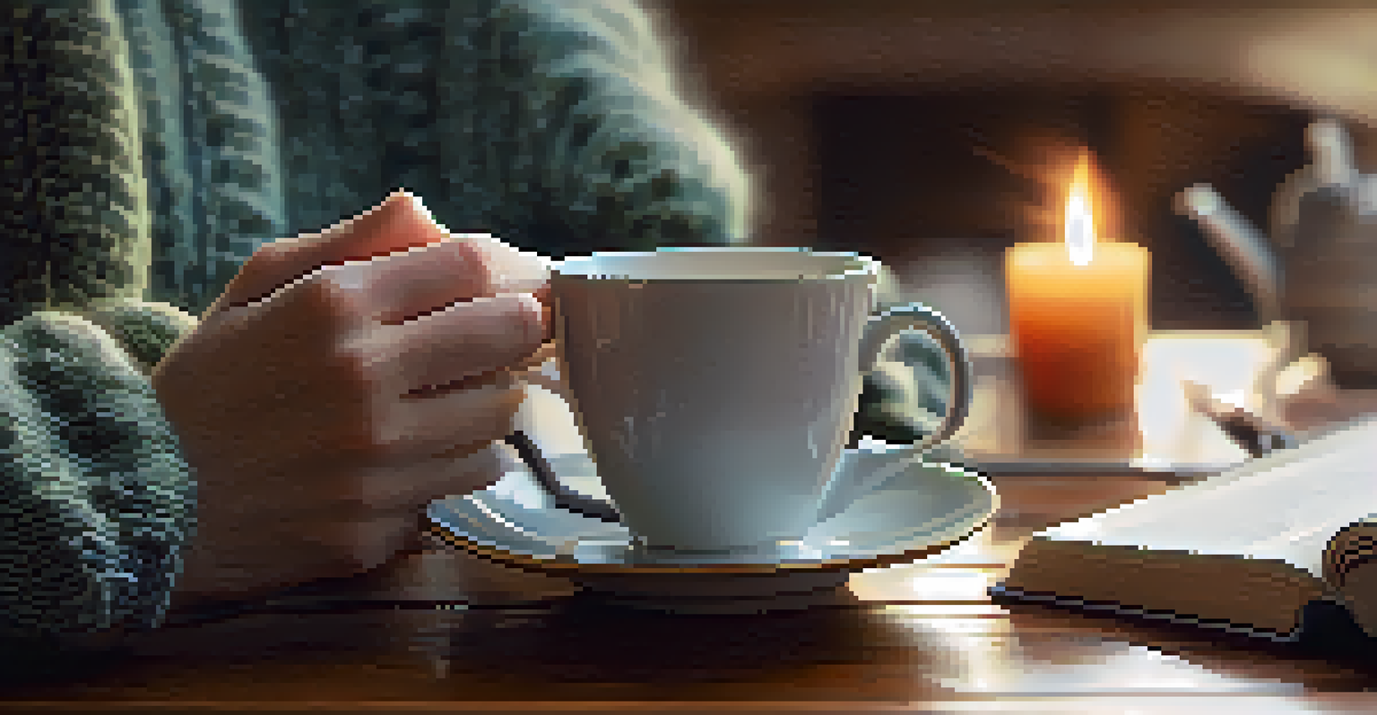 Close-up of hands holding a cup of tea on a table with a journal and scarf, creating a cozy atmosphere.