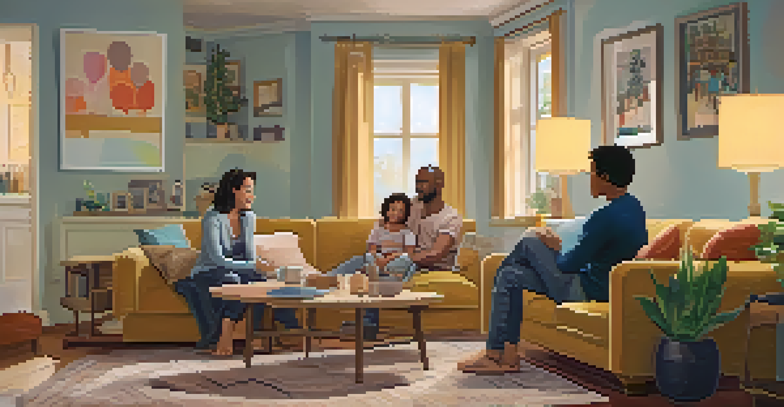 A warm living room scene with a parent and child engaged in a heartfelt conversation about feelings, surrounded by family photos and soft furnishings.