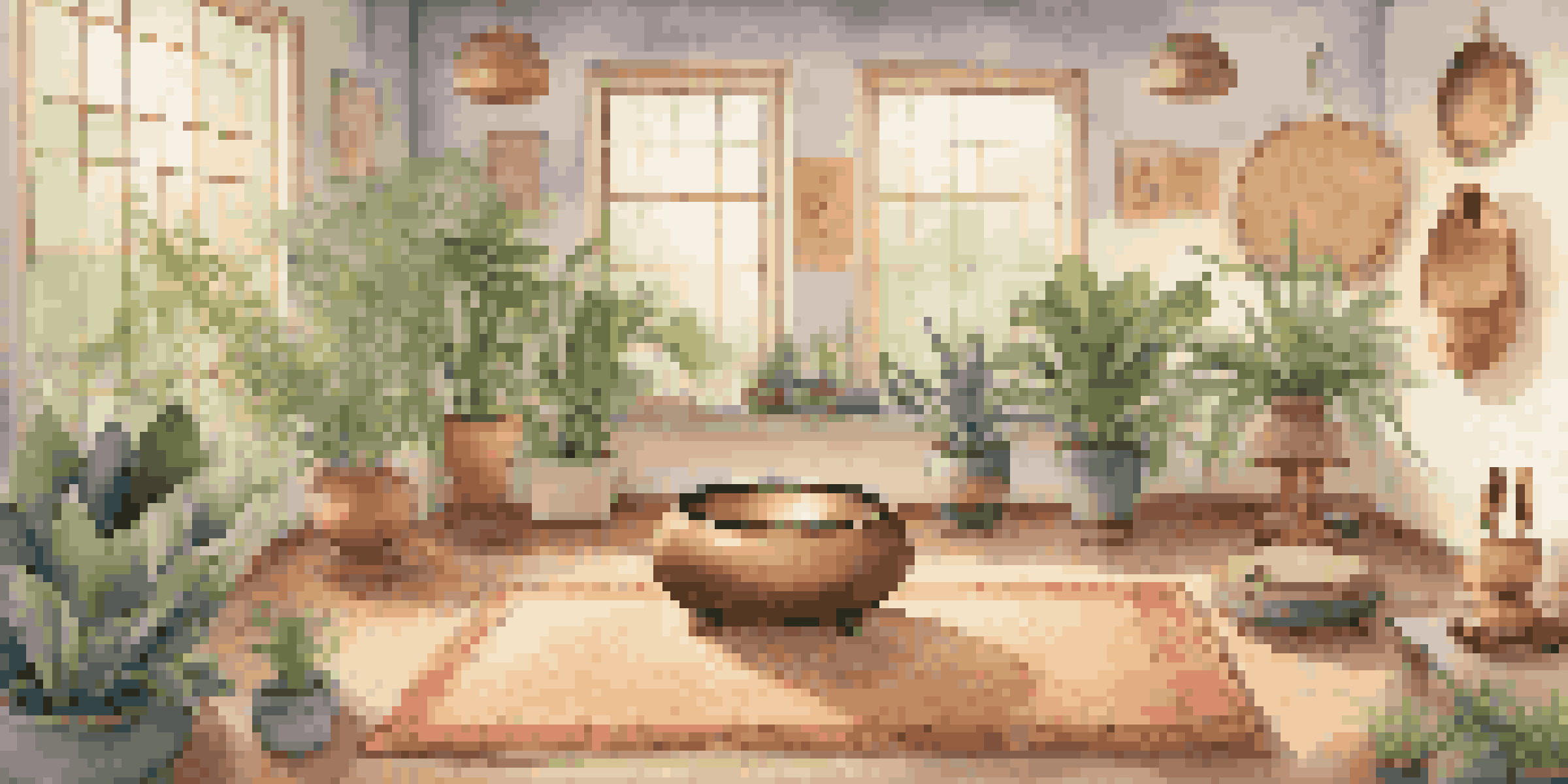 A peaceful sound therapy room filled with plants and musical instruments, designed for relaxation.