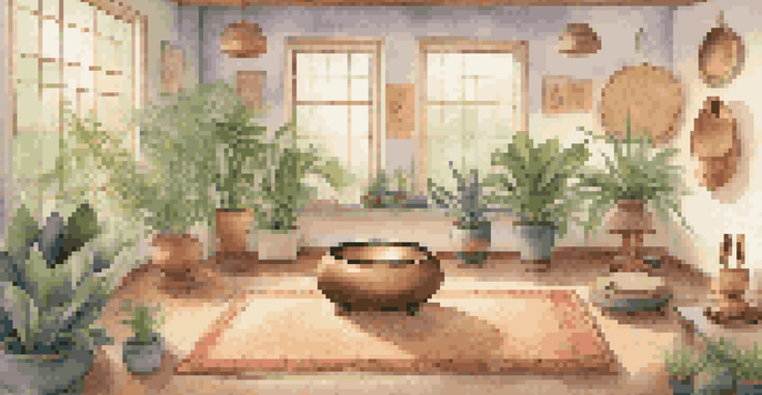 A peaceful sound therapy room filled with plants and musical instruments, designed for relaxation.