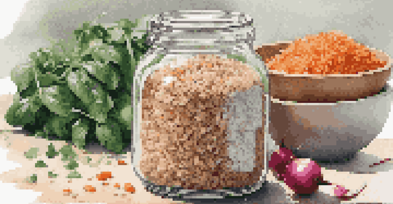 A clear glass jar filled with farro and brown rice, layered with spinach, carrots, and radishes, alongside a bowl of tahini dressing.