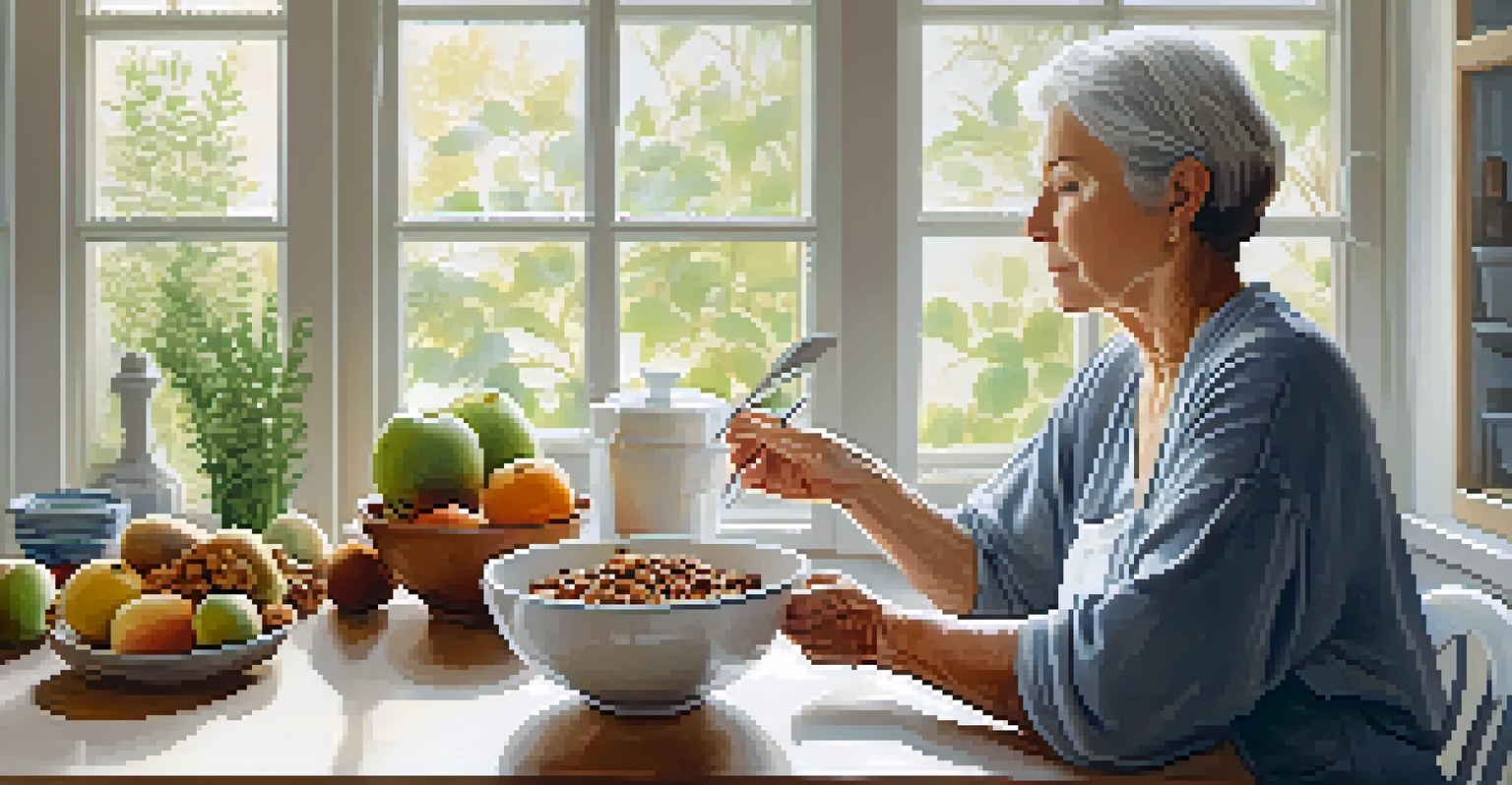 An older adult enjoying a bowl of oatmeal topped with walnuts and fruits in a bright kitchen, surrounded by plants.
