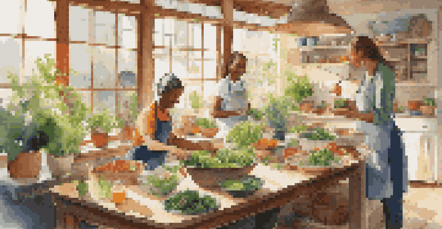 A kitchen with participants preparing a colorful plant-based meal with fresh vegetables and herbs in a warm, sunlit setting.