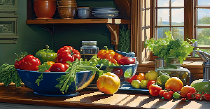 A bright kitchen with fresh fruits and vegetables on the countertop, illuminated by sunlight.