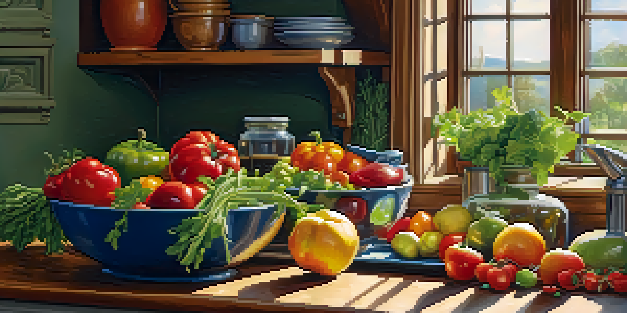 A bright kitchen with fresh fruits and vegetables on the countertop, illuminated by sunlight.