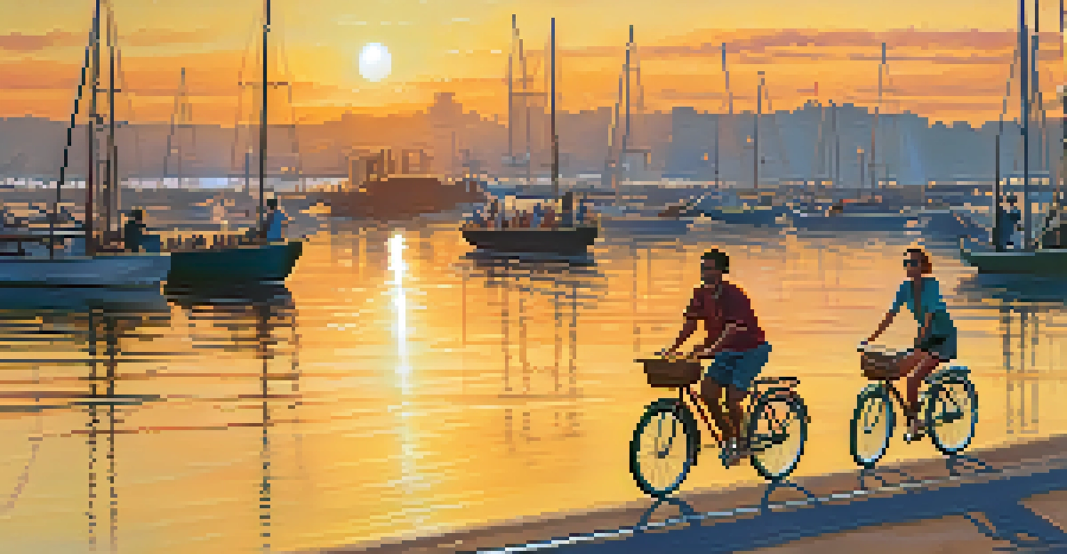 A group of friends cycling along a waterfront at sunset, portraying joy and friendship in an outdoor setting.