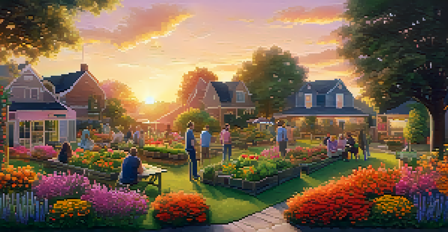 A peaceful community garden at sunset with neighbors sharing stories, surrounded by colorful plants and a warm atmosphere.