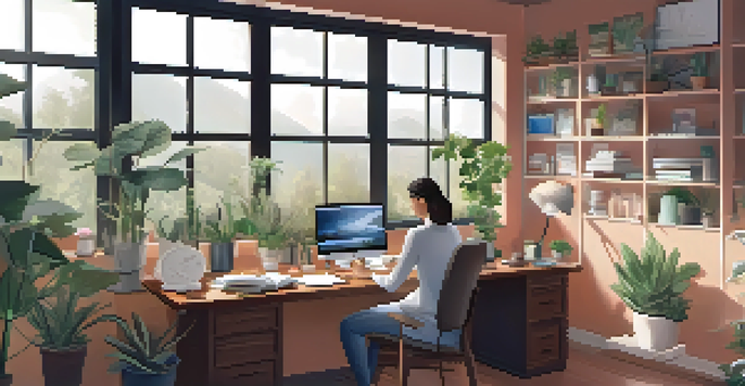 A person sitting at a desk in a bright home office, journaling their health experiences with a laptop and plants around them.