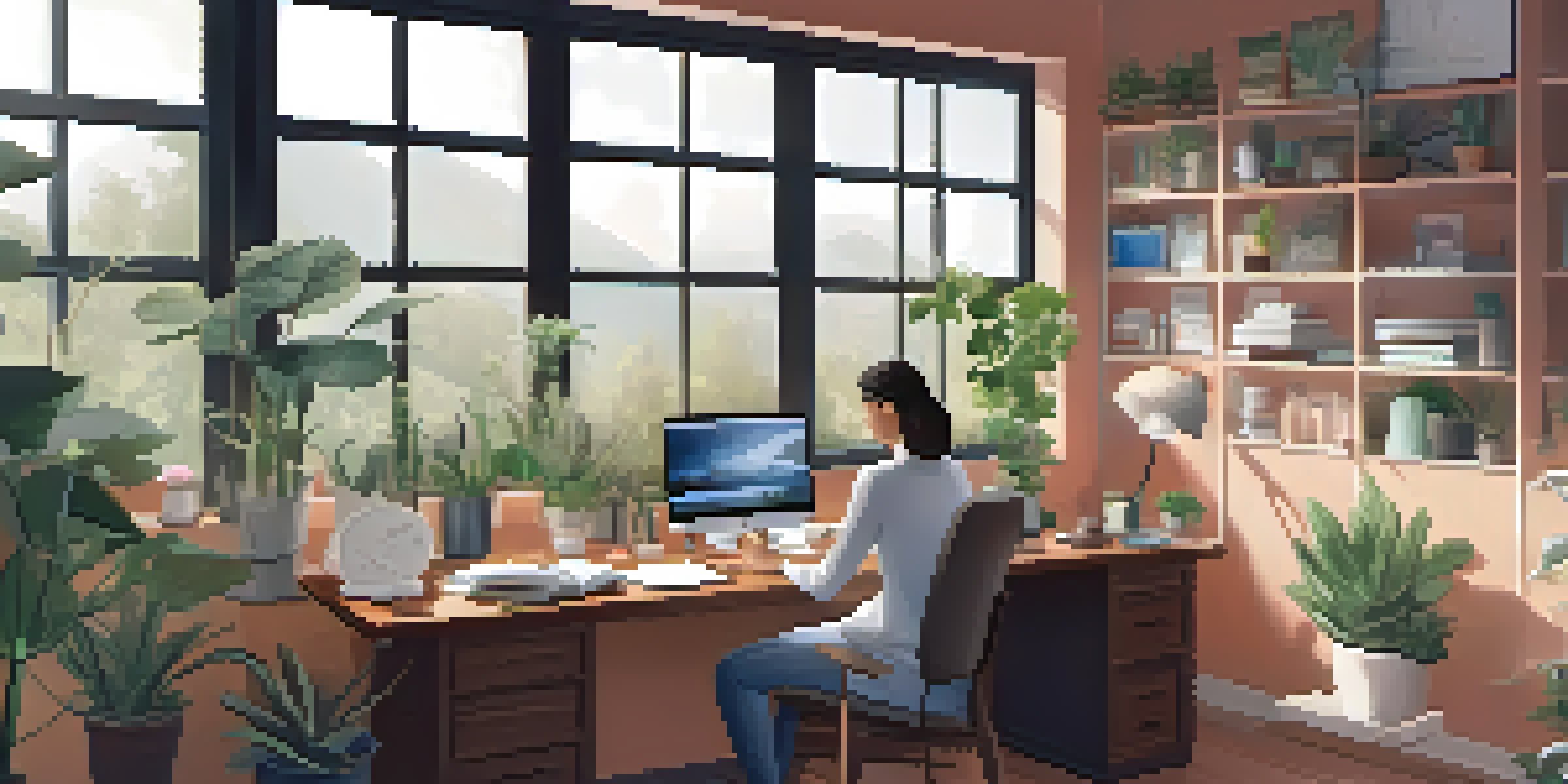 A person sitting at a desk in a bright home office, journaling their health experiences with a laptop and plants around them.