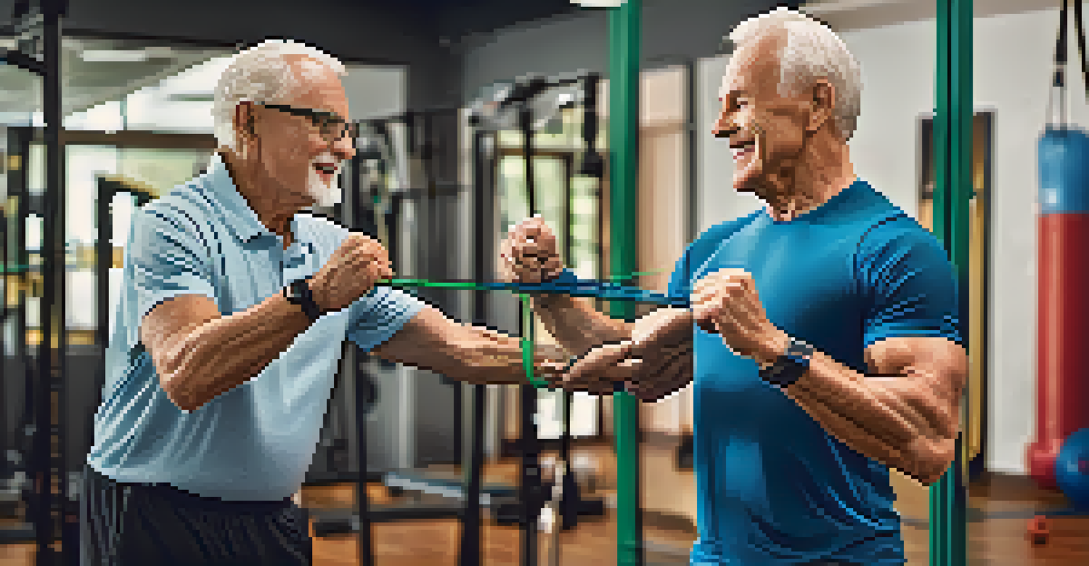 A personal trainer guiding a senior man in a strength training session with resistance bands, showing teamwork and support in a gym setting.