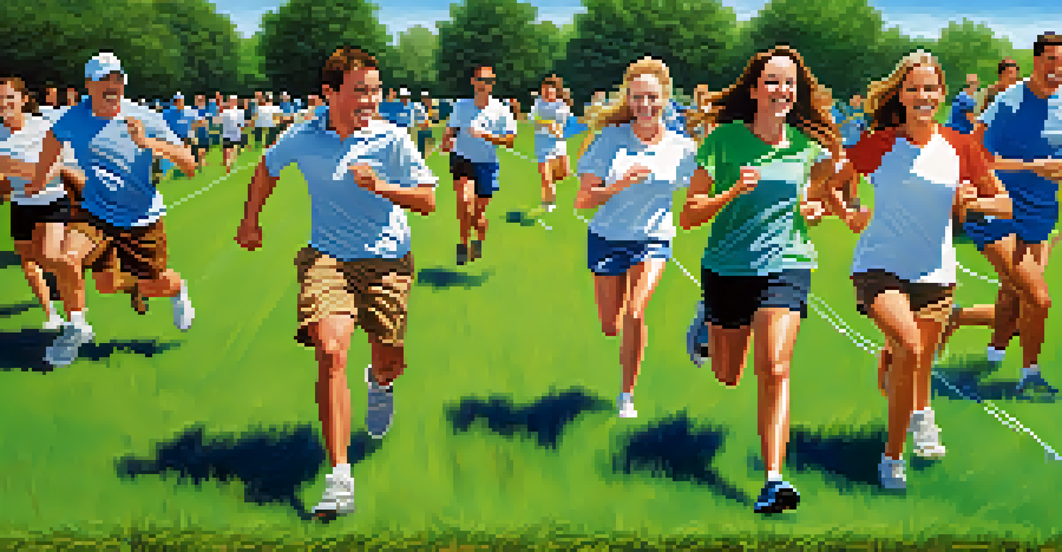 A diverse group of coworkers enjoying a team-building exercise outdoors, smiling and actively participating in a relay race.
