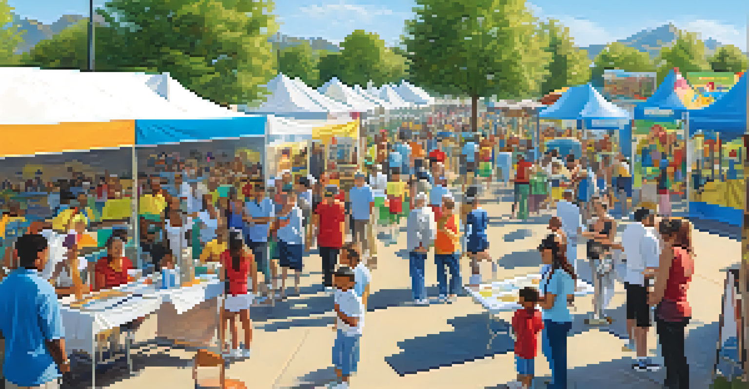 A lively outdoor health fair in a community park with various booths and people engaging in health activities and screenings.