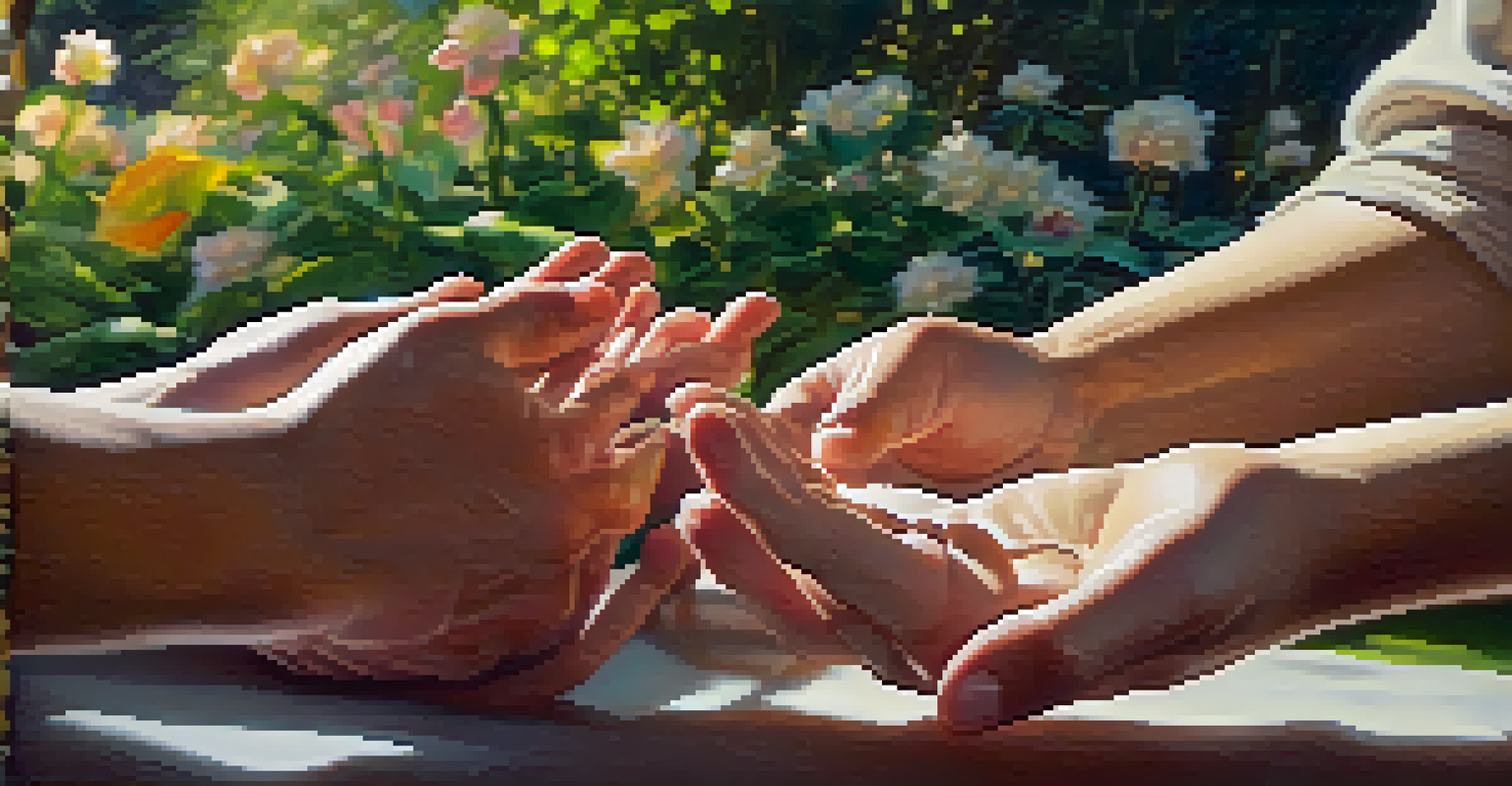 A close-up of a person's hands in a Tai Chi posture, with a blurred background of a sunlit garden filled with colorful flowers.