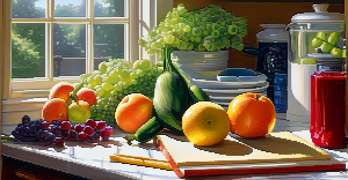 A bright kitchen with fresh produce and an open habit journal, symbolizing healthy habits and organization.