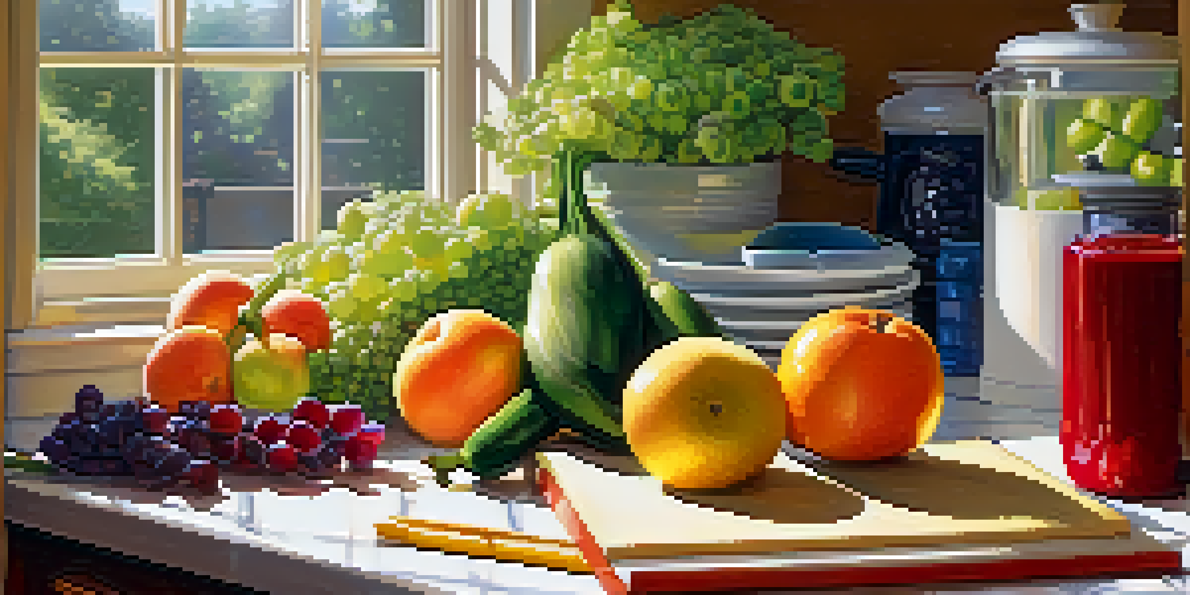 A bright kitchen with fresh produce and an open habit journal, symbolizing healthy habits and organization.