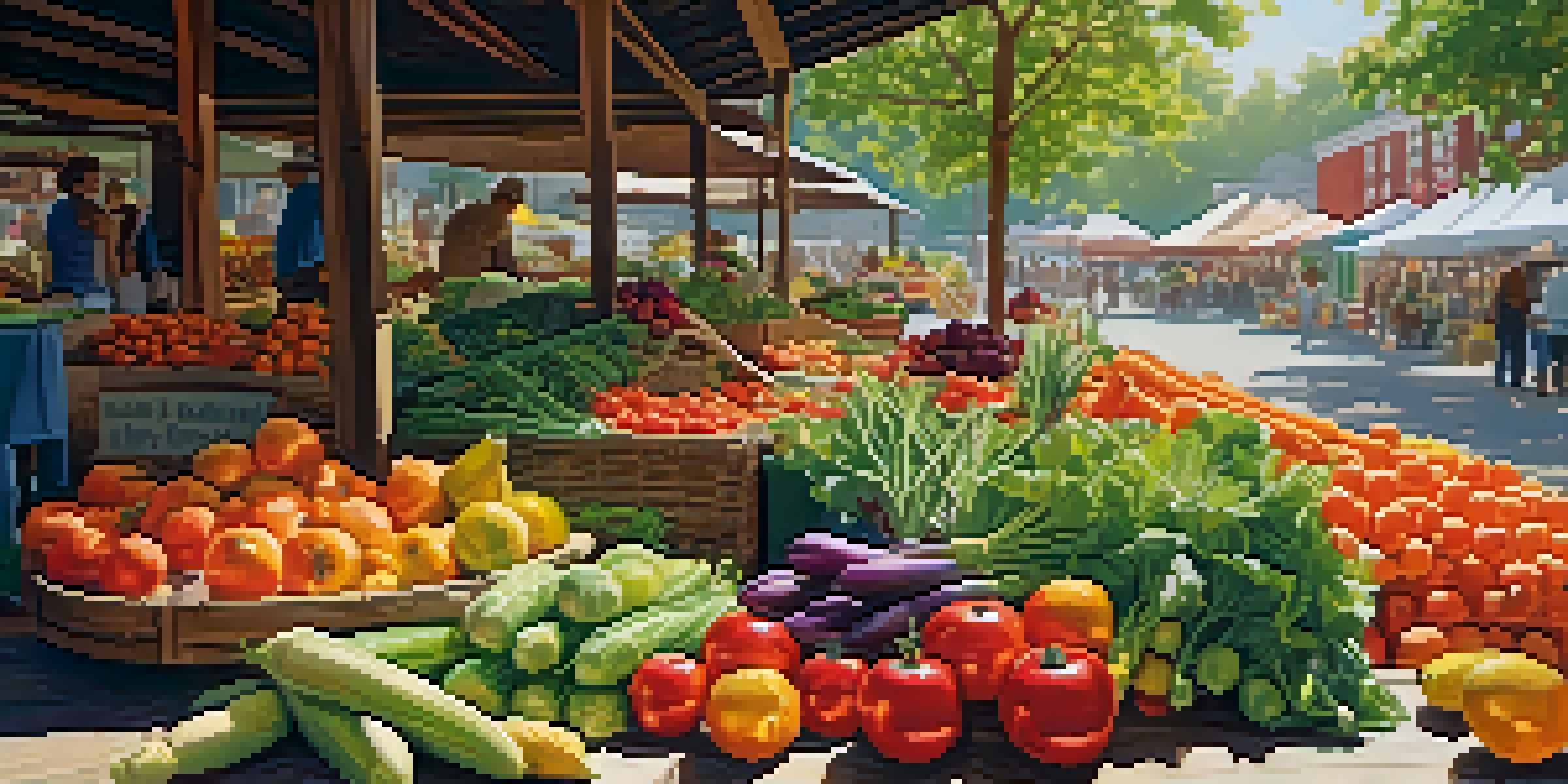 A colorful display of fresh fruits and vegetables at a farmer's market with warm sunlight filtering through the trees.