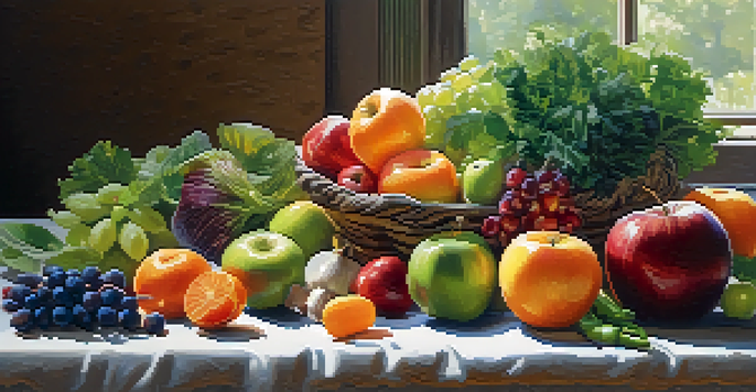 A circular arrangement of various fruits and vegetables on a wooden table, showcasing colors and textures under soft natural light.