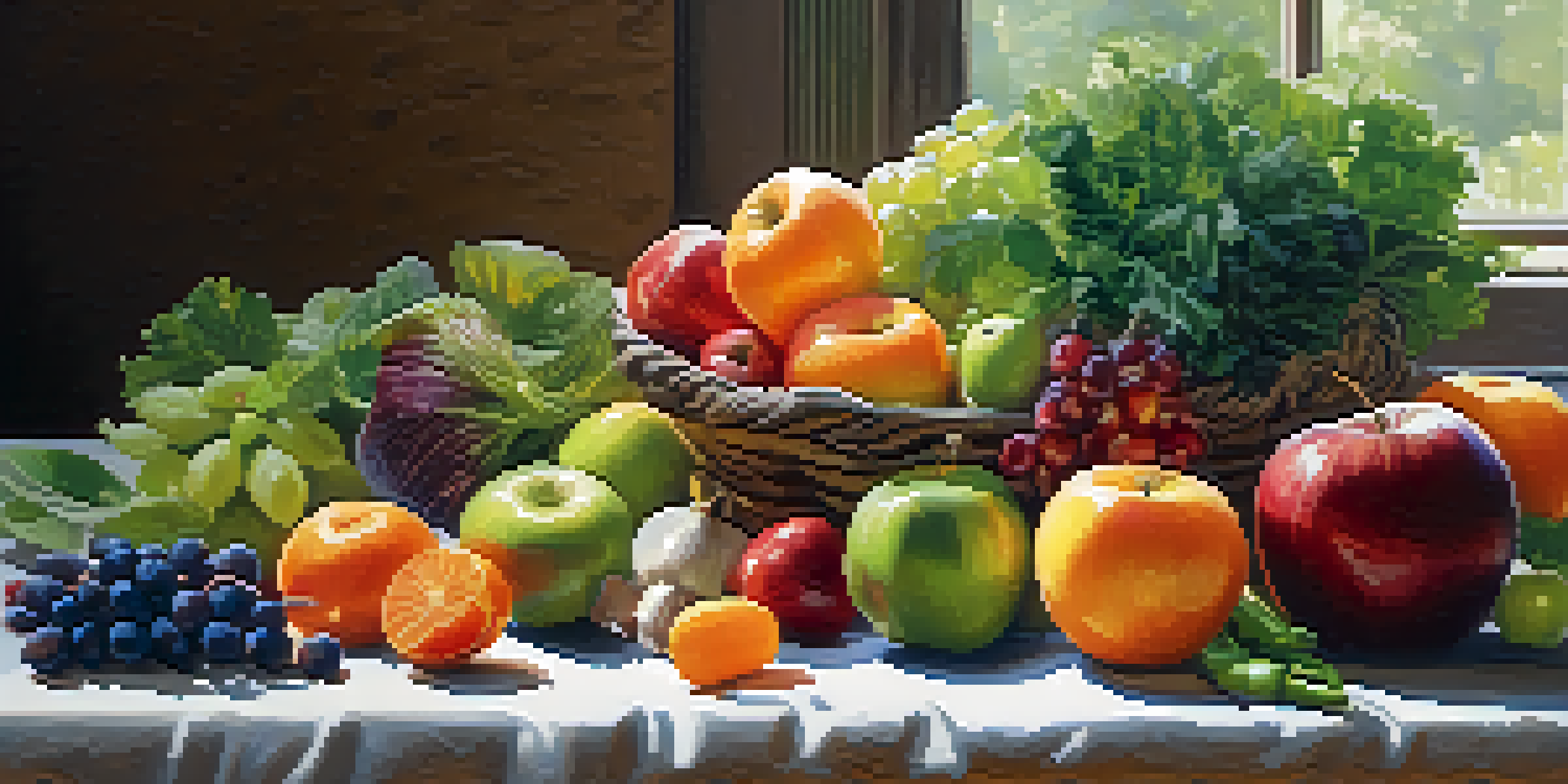 A circular arrangement of various fruits and vegetables on a wooden table, showcasing colors and textures under soft natural light.