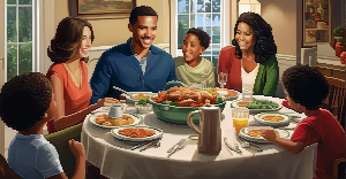 A diverse family enjoying dinner together at a beautifully set table, with smiles and laughter in a cozy dining room.