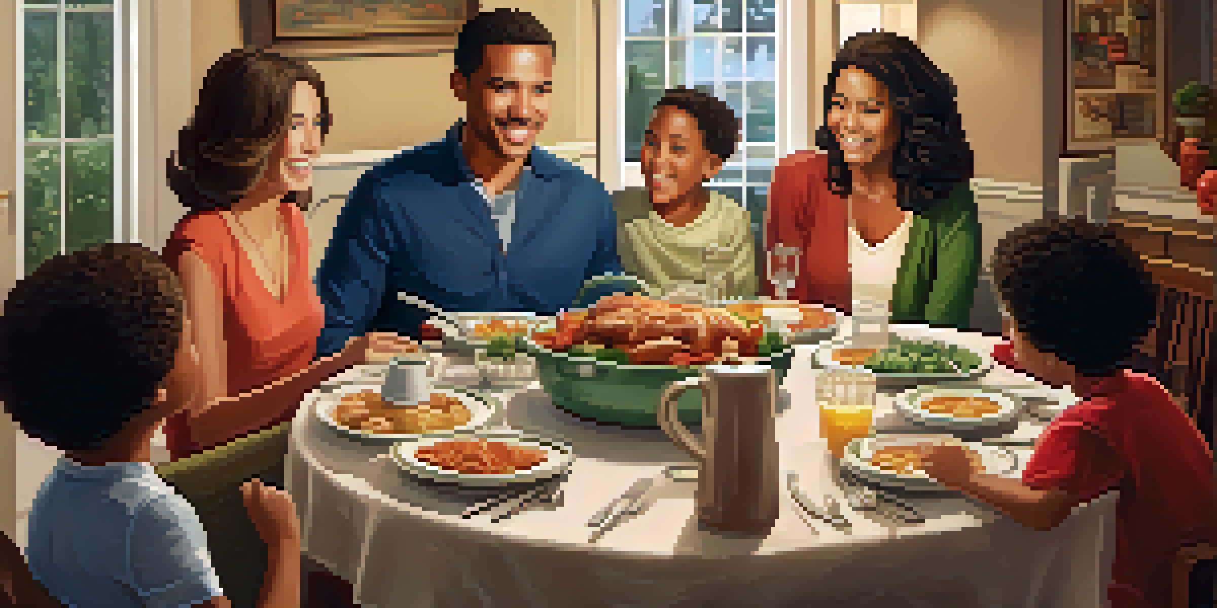 A diverse family enjoying dinner together at a beautifully set table, with smiles and laughter in a cozy dining room.