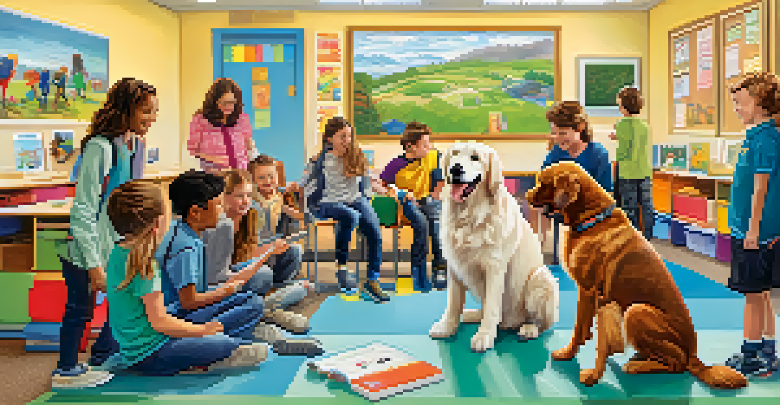 Students interacting with a therapy dog in a bright classroom, showcasing joy and connection.