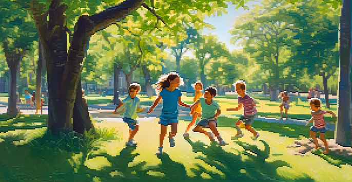 Children playing in a green park, climbing a tree and playing tag under the sunlight.