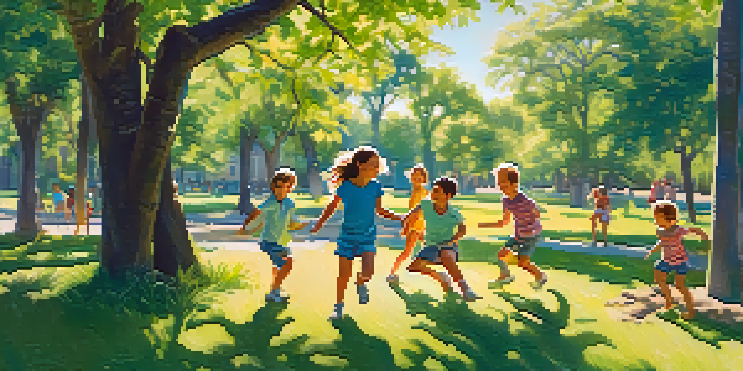 Children playing in a green park, climbing a tree and playing tag under the sunlight.