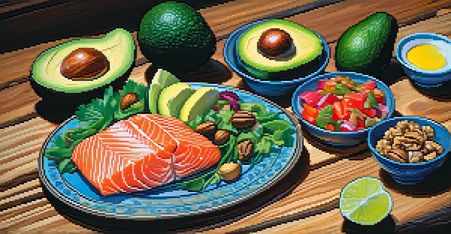 A colorful plate of healthy foods including salmon, avocados, and salad on a rustic wooden table.