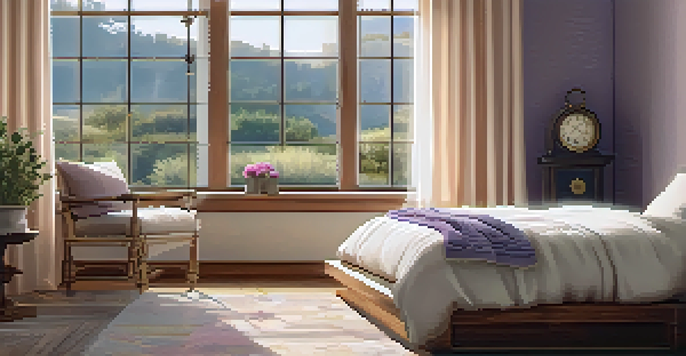 A cozy bedroom with a bed, soft pillows, and sunlight streaming through the window, creating a calming atmosphere.