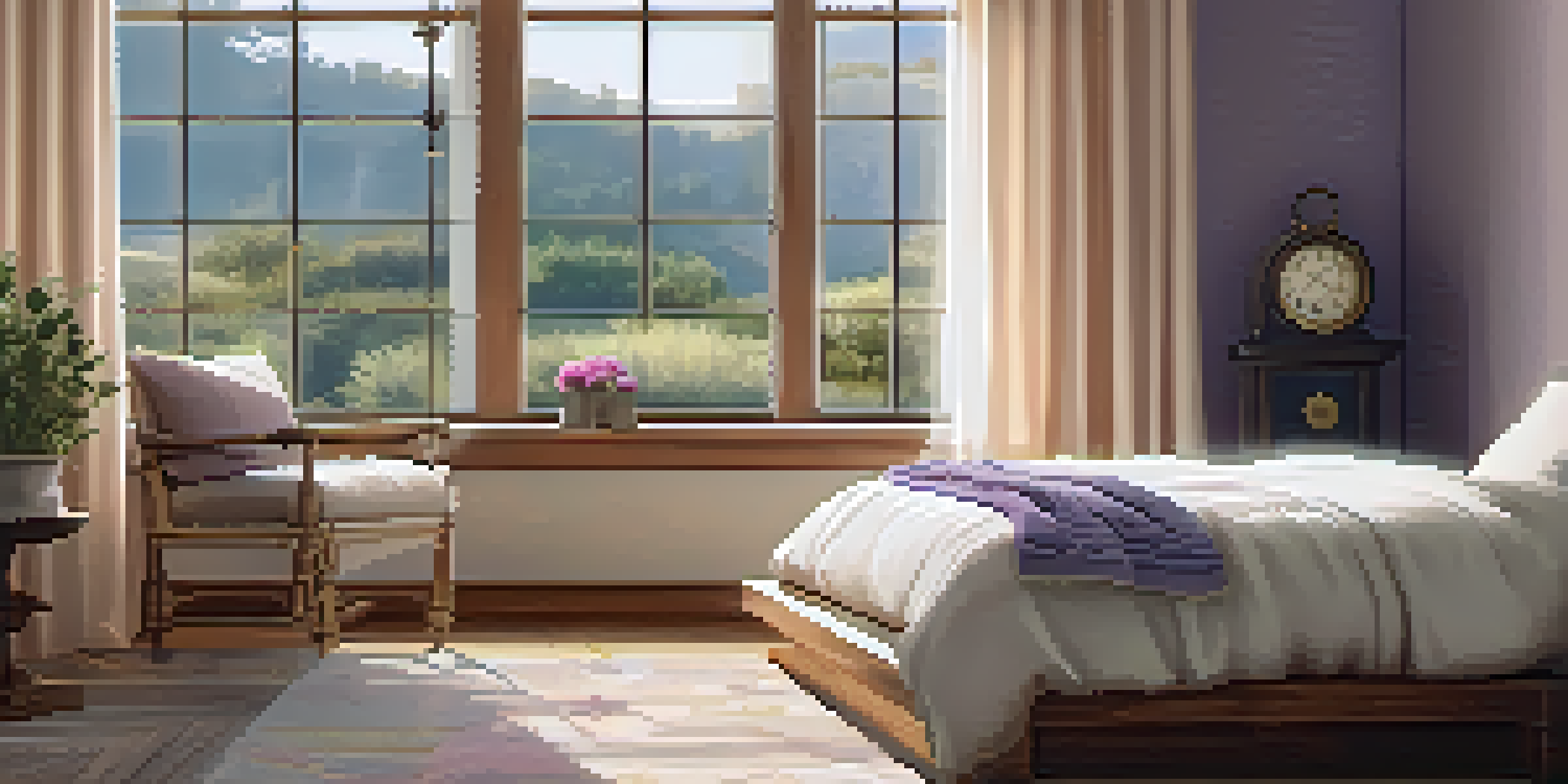 A cozy bedroom with a bed, soft pillows, and sunlight streaming through the window, creating a calming atmosphere.