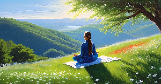 A person meditating on a hilltop, surrounded by wildflowers and trees, under a bright blue sky.