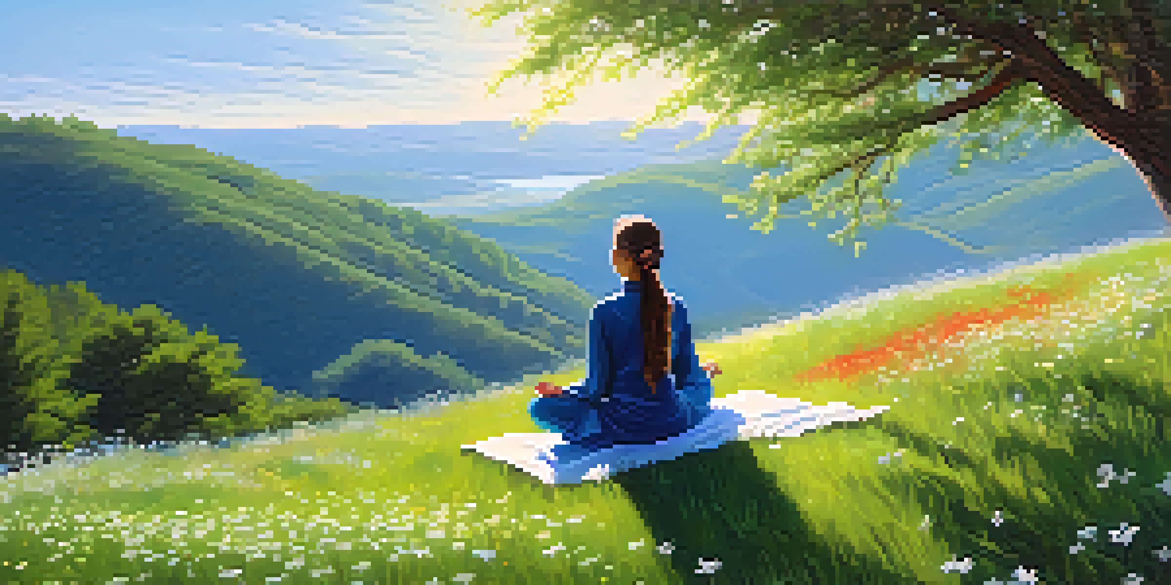 A person meditating on a hilltop, surrounded by wildflowers and trees, under a bright blue sky.