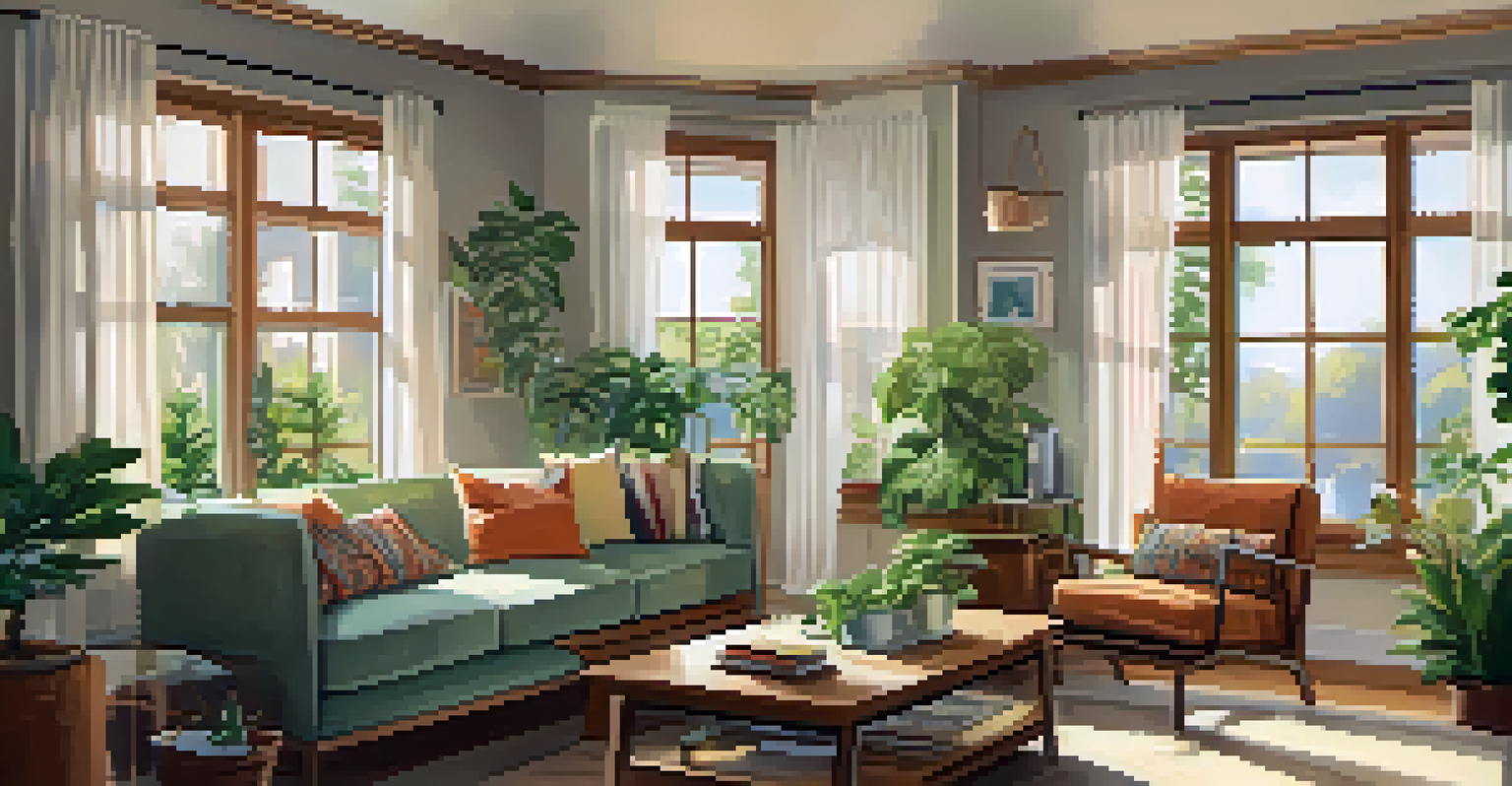 A bright and cozy living room filled with sunlight, plants, and a cup of tea on a table.