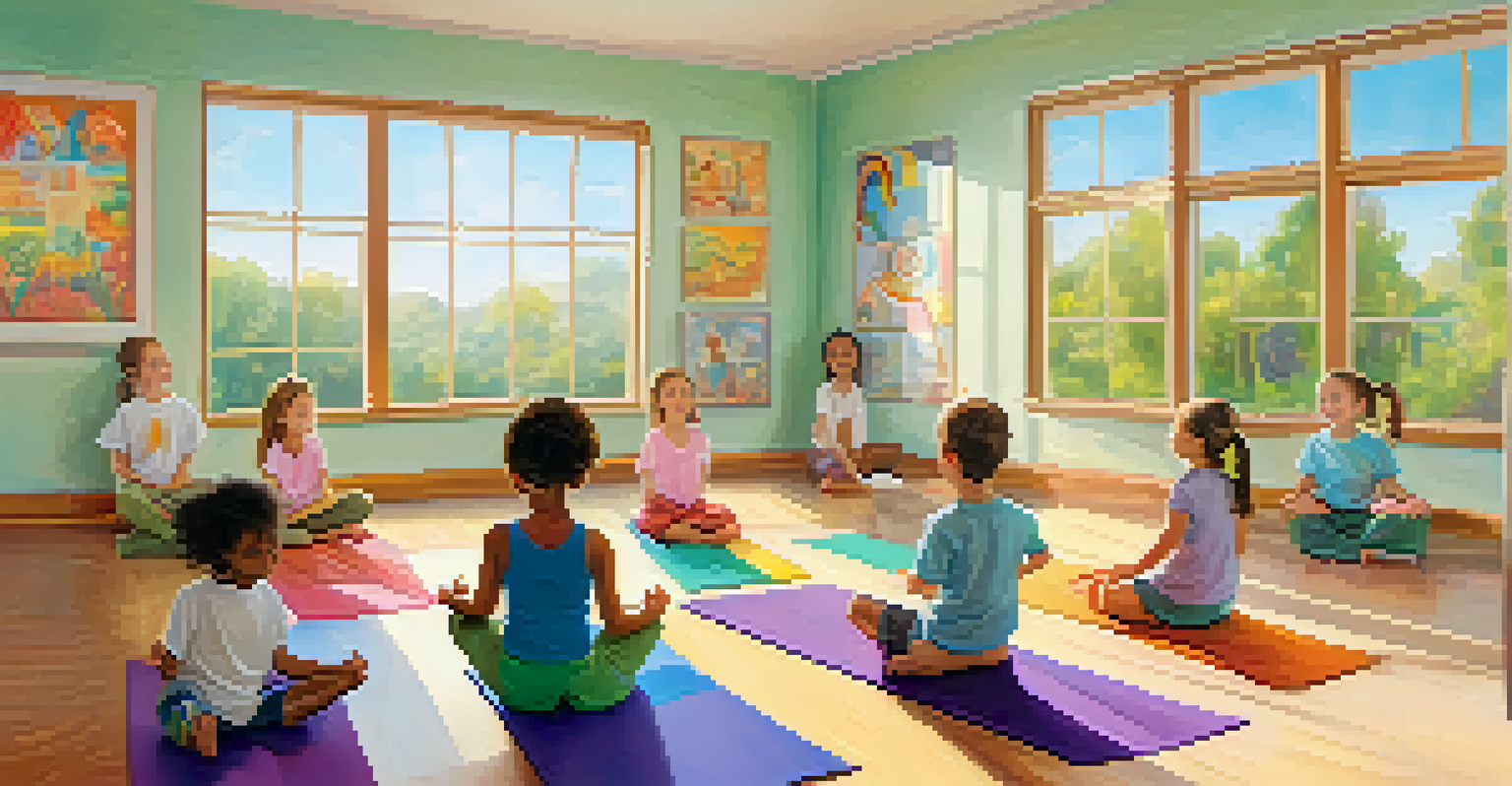 Children engaged in partner yoga poses in a colorful classroom, laughing and supporting each other in a fun atmosphere.