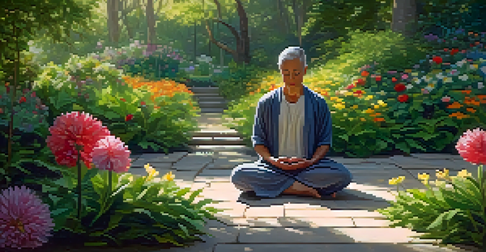 A person meditating in a beautiful garden filled with flowers and greenery, with sunlight filtering through the leaves.