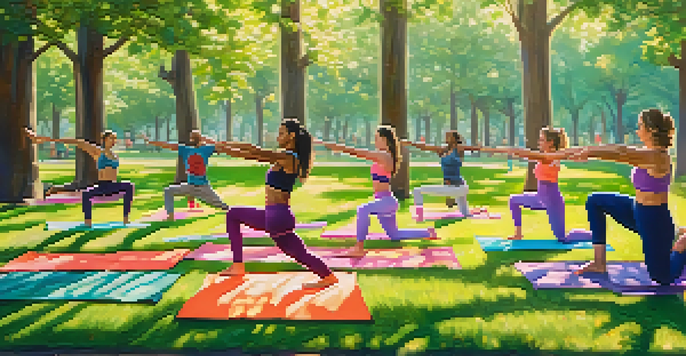 A diverse group of individuals practicing yoga in a sunlit park, wearing eco-friendly activewear amidst lush greenery and colorful flowers.