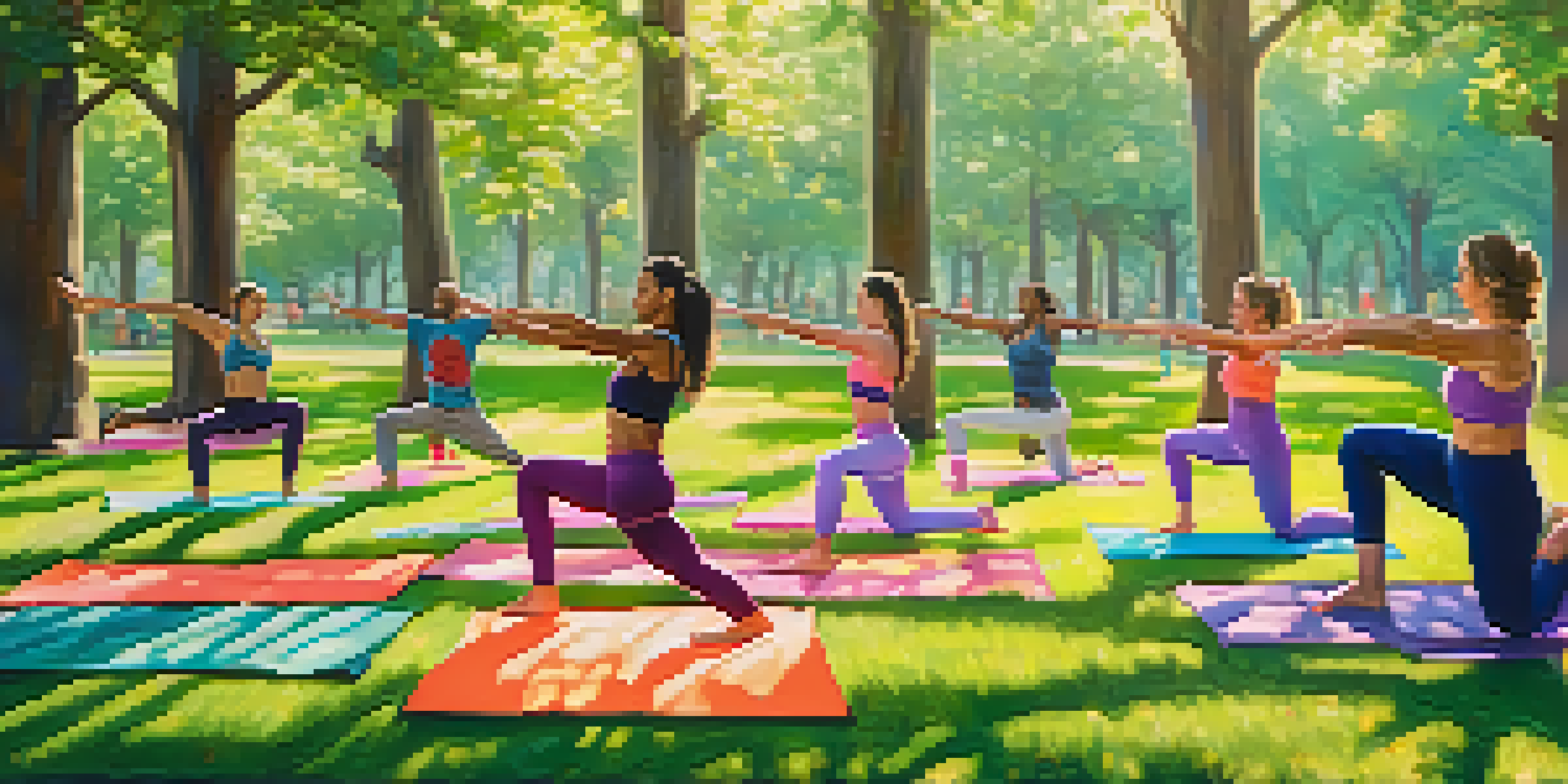A diverse group of individuals practicing yoga in a sunlit park, wearing eco-friendly activewear amidst lush greenery and colorful flowers.