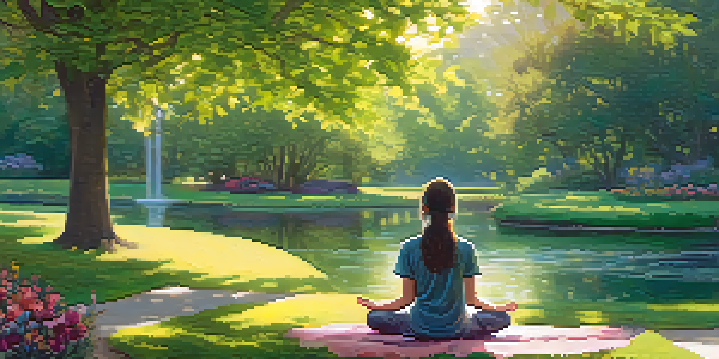 A person meditating in a peaceful park, surrounded by trees and flowers, with sunlight filtering through the leaves.