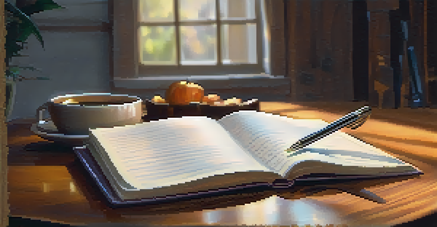 A close-up of a gratitude journal with handwritten notes and a warm cup of coffee beside it on a wooden table.