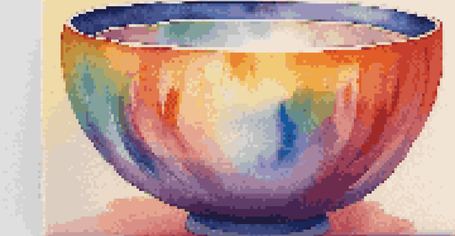 A crystal singing bowl on textured fabric with colorful reflections and sound waves radiating outward.
