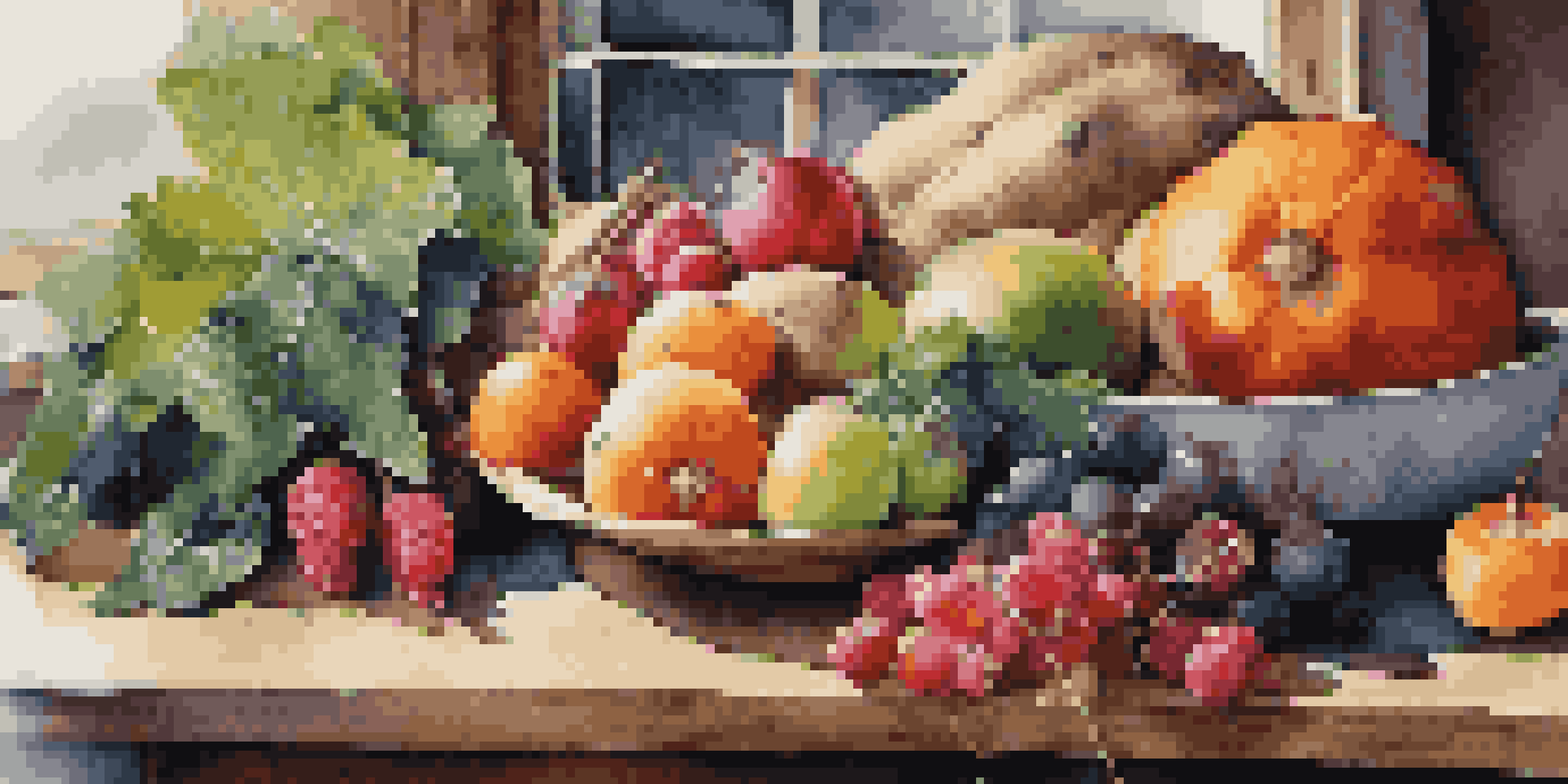 A close-up view of various colorful fruits and vegetables arranged on a wooden table, showcasing their vibrant colors and textures.