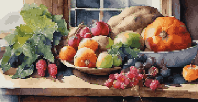 A close-up view of various colorful fruits and vegetables arranged on a wooden table, showcasing their vibrant colors and textures.