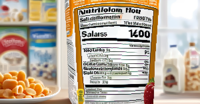 A close-up view of a colorful food label on a cereal box, showing details like calories and fiber content in a well-lit kitchen.