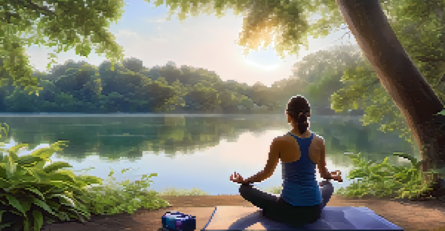 A person meditating by a lake with a water bottle, surrounded by nature in the morning light.